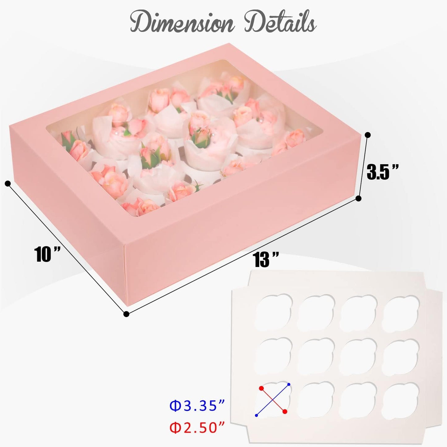 Bakepacker Auto-pop Up Cupcake Boxes with Window White 20PCS 12 Count Cupcake Box 13"x10"x3.5" Cupcakes Carrier, 12 Cupcake Containers with rolls of pink ribbons