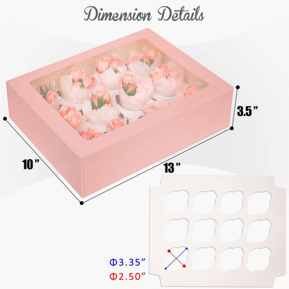 Bakepacker Auto-pop Up Cupcake Boxes with Window White 20PCS 12 Count Cupcake Box 13"x10"x3.5" Cupcakes Carrier, 12 Cupcake Containers with rolls of pink ribbons