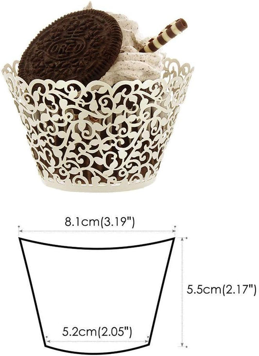 GOLF 100Pcs Cupcake Wrappers Artistic Bake Cake Paper Filigree Little Vine Lace Laser Cut Liner Baking Cup Wraps Muffin CaseTrays for Wedding Party Birthday Decoration (White)