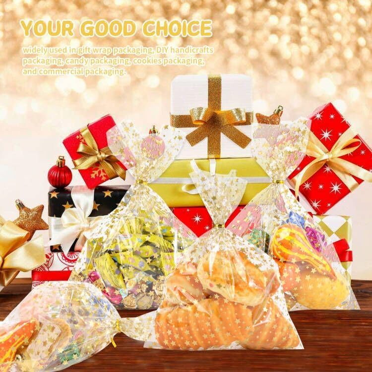 100 Pcs Star Printed 5"X 7" Gift Wrap Cello Cellophane Treat Bags Party Favor bags Clear Candy Cookie Bag Plastic Poly Goodie Storage Bag with Twist Ties for Bakery,Birthday, Wedding ,Party Decorations (Gold)