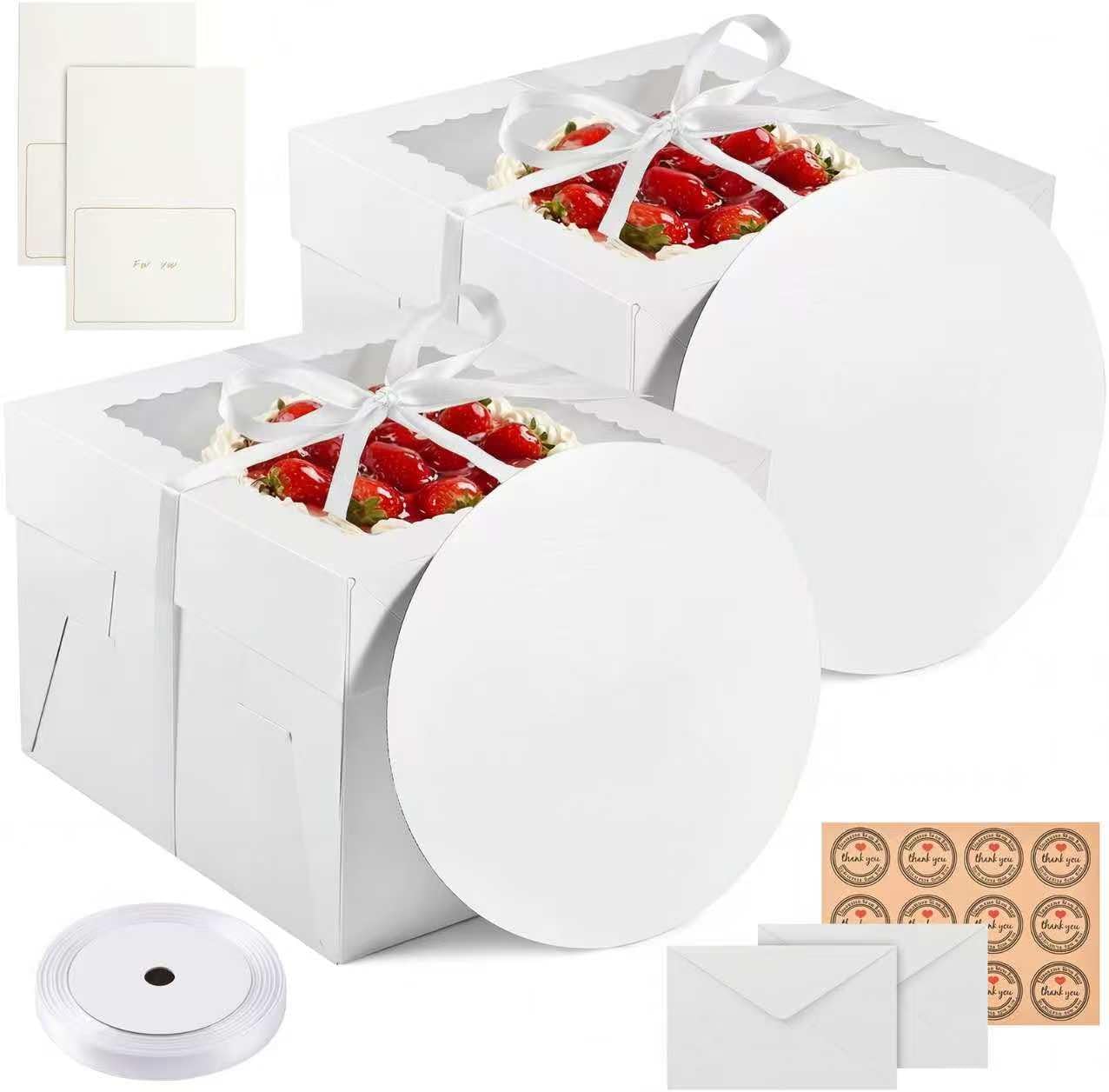 2 Pack 12 x 12 x 8 in Cake Boxes with Window & Cake Boards — Disposable Cake Carrier Boxes with Lid, Includes Stickers, Envelopes, Greeting Cards & Ribbon — Bakery Boxes for Cakes & Cupcakes