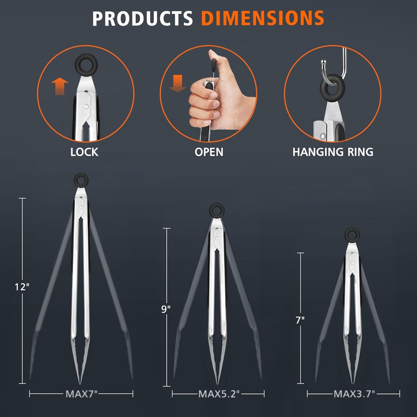 Hotec Stainless Steel Kitchen Tongs, Set of 2-9", Locking Metal Food Tongs for Cooking, Serving, BBQ, Grill Non-Slip Grip