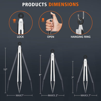 Hotec Stainless Steel Kitchen Tongs, Set of 2-9", Locking Metal Food Tongs for Cooking, Serving, BBQ, Grill Non-Slip Grip