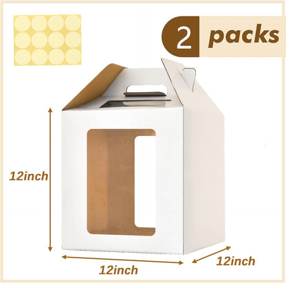 3 Pack 12in Tall Cake Boxes for Tier Cakes, 12x12x14 Inch Tiered Cake Box,Tall Cake Carrier with Window, 10in 12in Large Tierd Bakery Take Out Transport Containers with Handle