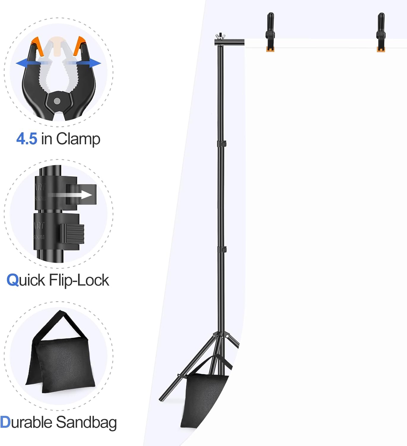 EMART Backdrop Stand 10x7ft(WxH) Photo Studio Adjustable Background Stand Support kit with 2 Crossbars, 8 Clamps, 2 Sandbags and Carry Bag for Parties, Events Decoration, Wedding, Photography -White