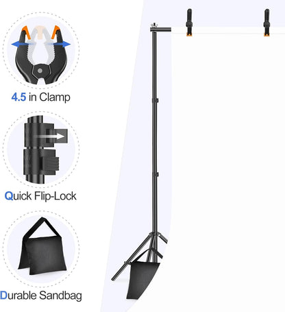 EMART Backdrop Stand 10x7ft(WxH) Photo Studio Adjustable Background Stand Support kit with 2 Crossbars, 8 Clamps, 2 Sandbags and Carry Bag for Parties, Events Decoration, Wedding, Photography -White