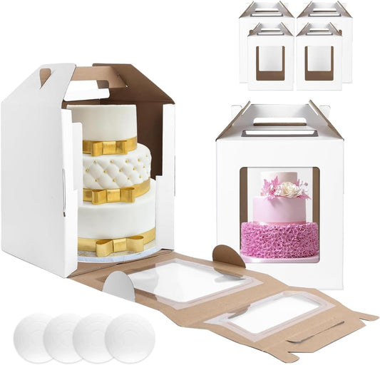 4 Pack Tall Cake Boxes 12x12x14 & 10x10x12 Inches with Cake Board - Large Disposable Layer Baking Carrier Tier Bakery Take Out Transport Containers With Window for Wedding, Birthday, Party White