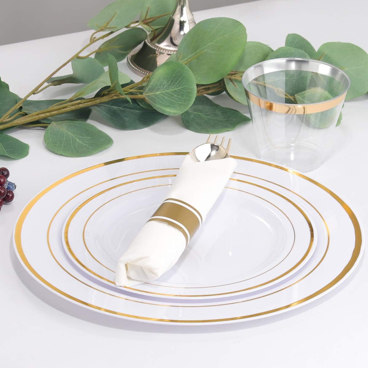 WELLIFE 350-Piece Gold Disposable Plates and Cutlery Set - Premium 10.25" Dinner Plates, 7.5" Dessert Plates, 9oz Cups & Cutlery for Weddings, Catering Events - 50 Guest Service - Elegant & Sturdy