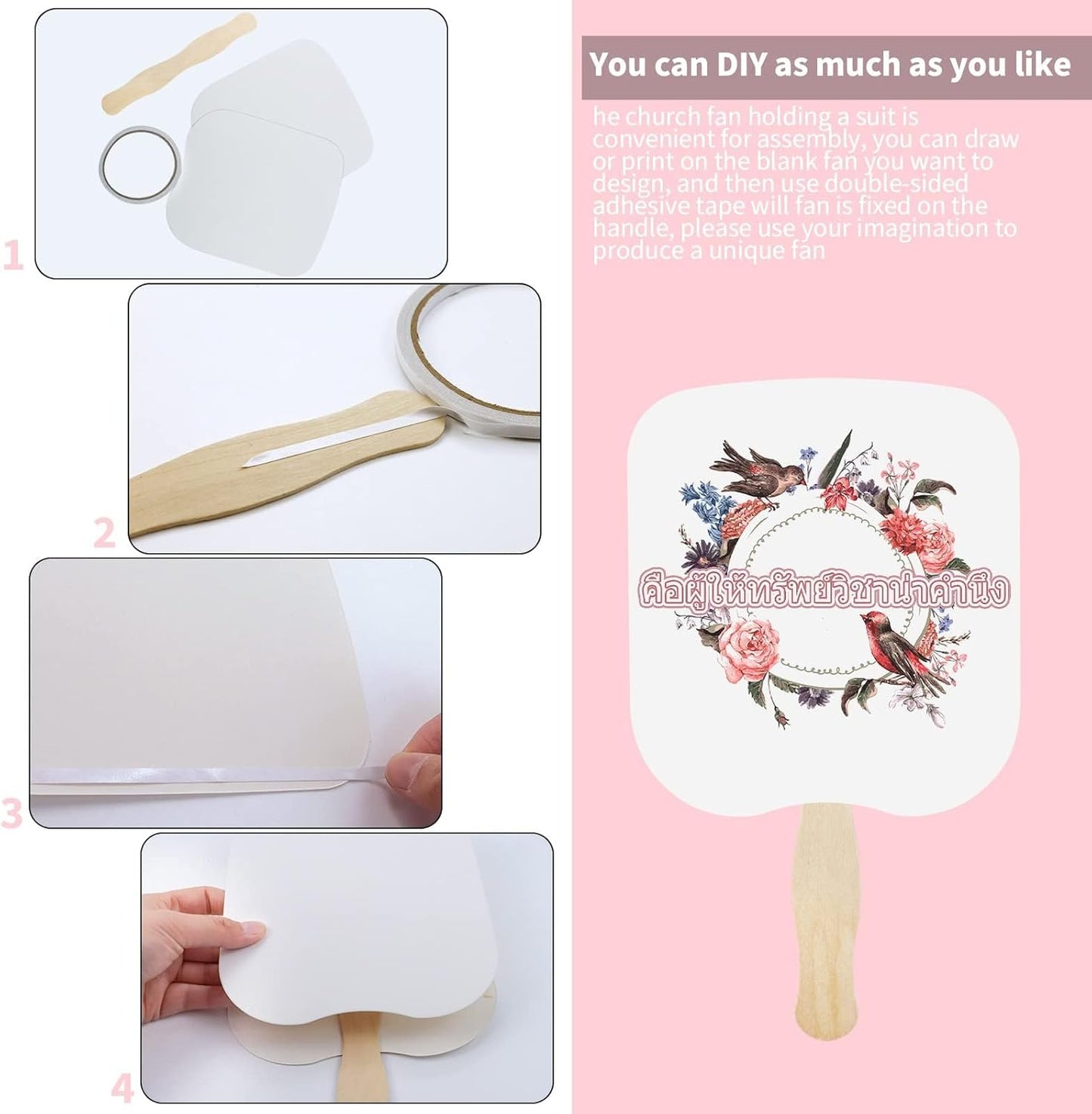 94 Pcs Church Fans Handheld Set, 60 Cardstock Paper Fans with 30 Wavy Wooden Sticks and 4 Rolls of Double-Sided Tape, Handheld Blank White Cardstock for DIY Crafting Painting Custom Fans