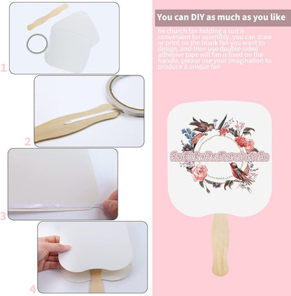 94 Pcs Church Fans Handheld Set, 60 Cardstock Paper Fans with 30 Wavy Wooden Sticks and 4 Rolls of Double-Sided Tape, Handheld Blank White Cardstock for DIY Crafting Painting Custom Fans