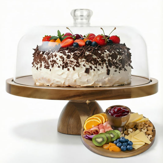 Acacia Wood Cake Stand with Lid, 12in Cake Stand with Acrylic Dome, 2-In-1 Cake Display Stand for Charcuterie Board, Chips & Dips, Fruit Platter, Wedding, Birthday, Parties