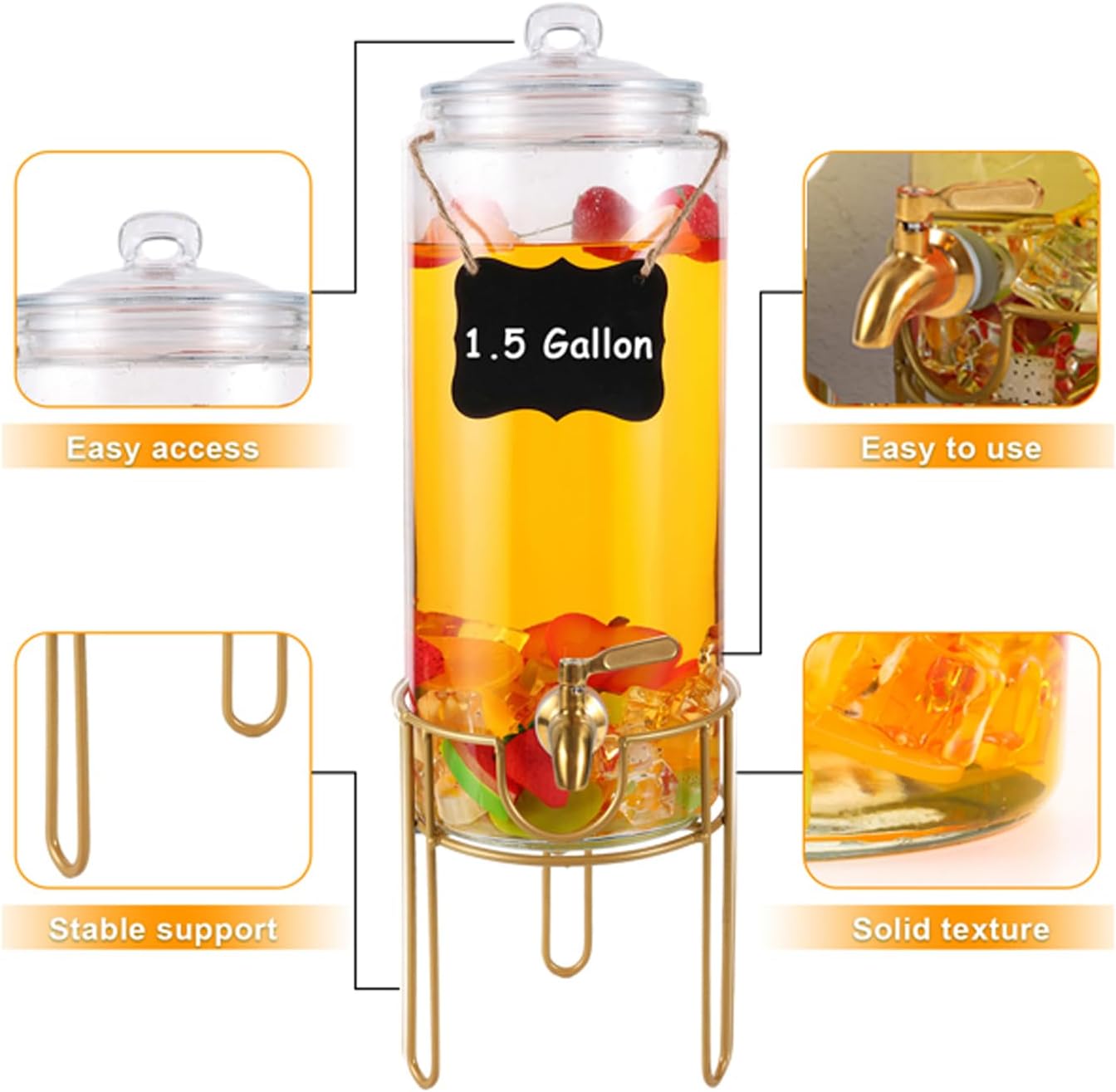 Drink Dispensers for Parties 1 Gallon, Bevarage Dispenser with Stand,Glass Drink Dispenser With Stainless Steel Spigot + Marker & Chalkboard, Ideal for Lemonade,Juice, Tea, and Party Drinks
