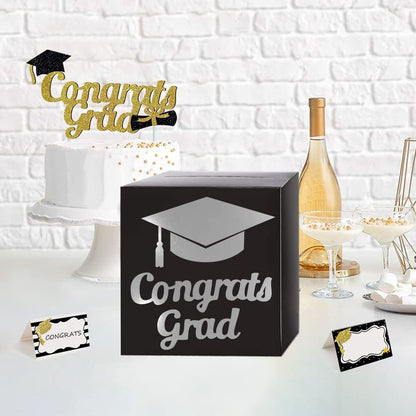 Graduation Card Box Holder, Congrats Grad Foldable Cardboard Decorations Box for Graduation Party Decoration and Grad Parties (Black)