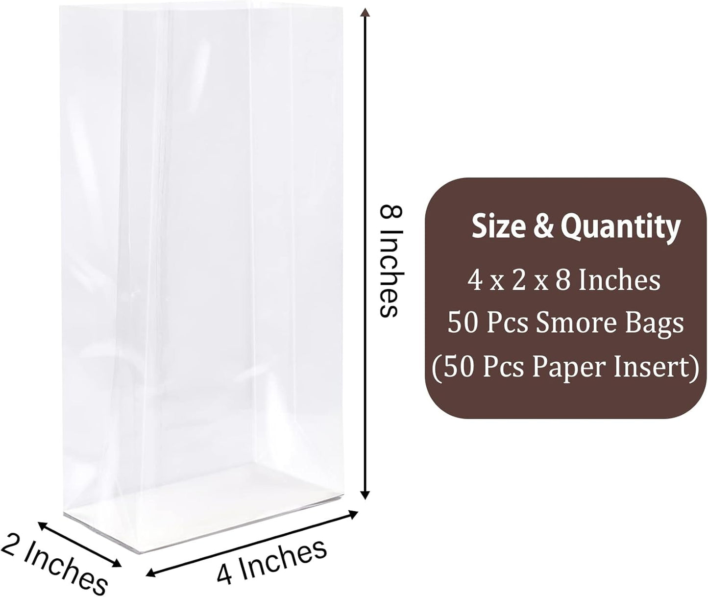 Gusseted Flat Bottom Cellophane Bags with Paper Insert 50Pcs 4x2x8 Inches Smore Bags