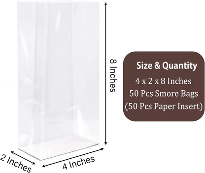 Gusseted Flat Bottom Cellophane Bags with Paper Insert 50Pcs 4x2x8 Inches Smore Bags