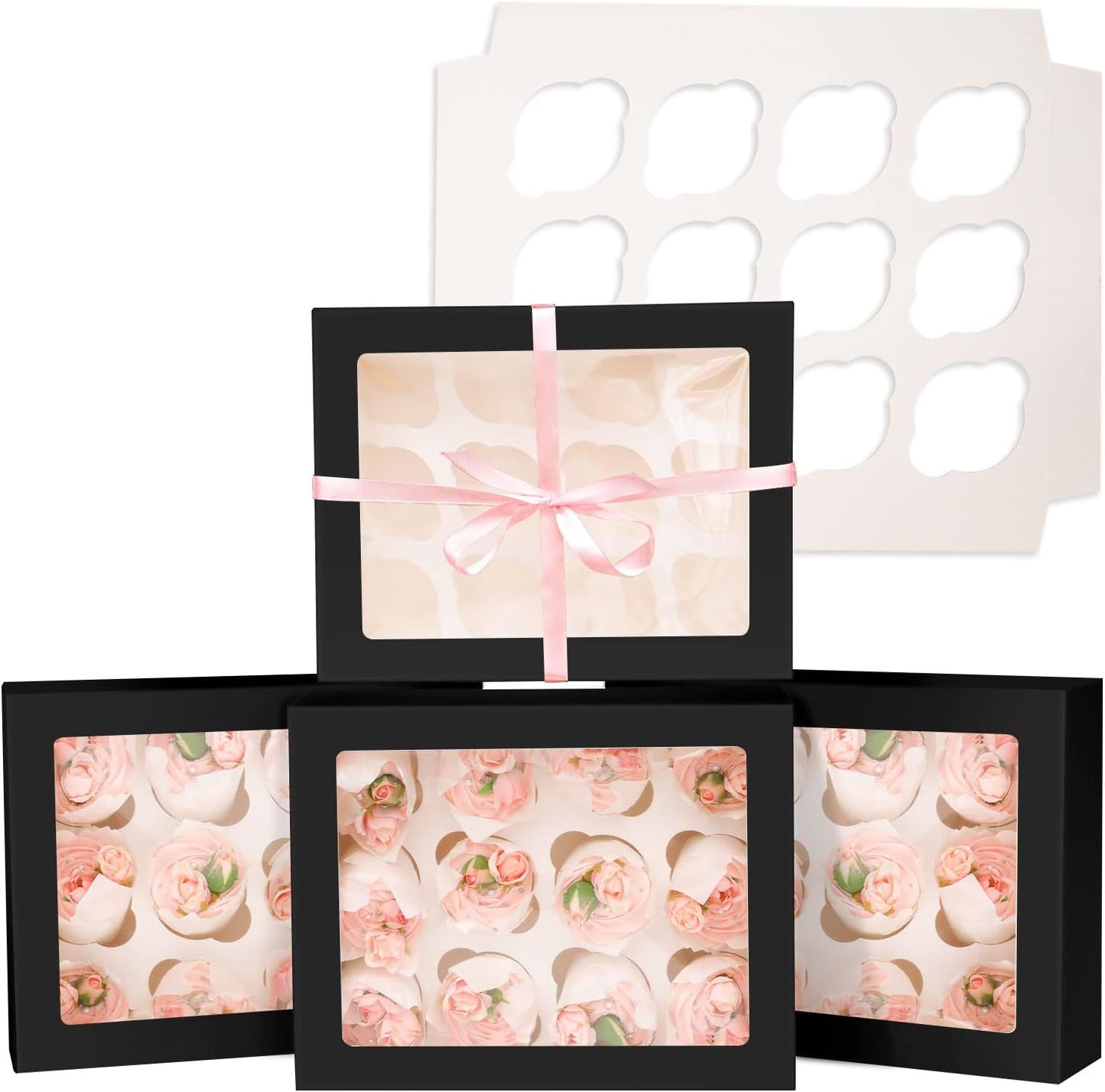 Bakepacker Auto-pop Up Cupcake Boxes with Window White 20PCS 12 Count Cupcake Box 13"x10"x3.5" Cupcakes Carrier, 12 Cupcake Containers with rolls of pink ribbons