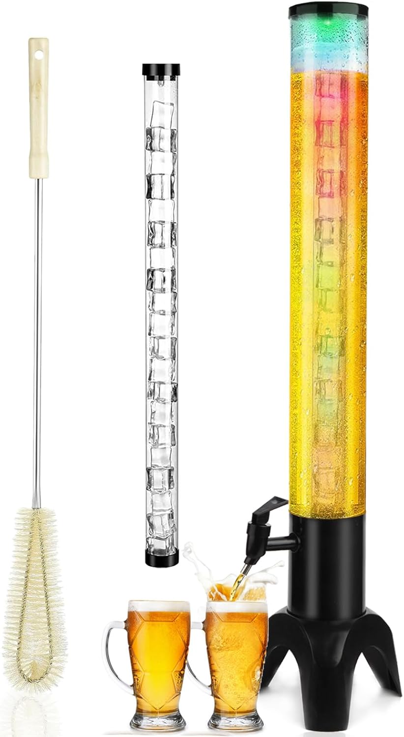 2pcs Beer Giraffe Dispenser, 100oz/3.2 qt Mimosa Tower Dispenser with Ice Tube and LED Light, 3L Tabletop Drink Tower Dispensers for Beer, Margarita, Liquor, Beverage