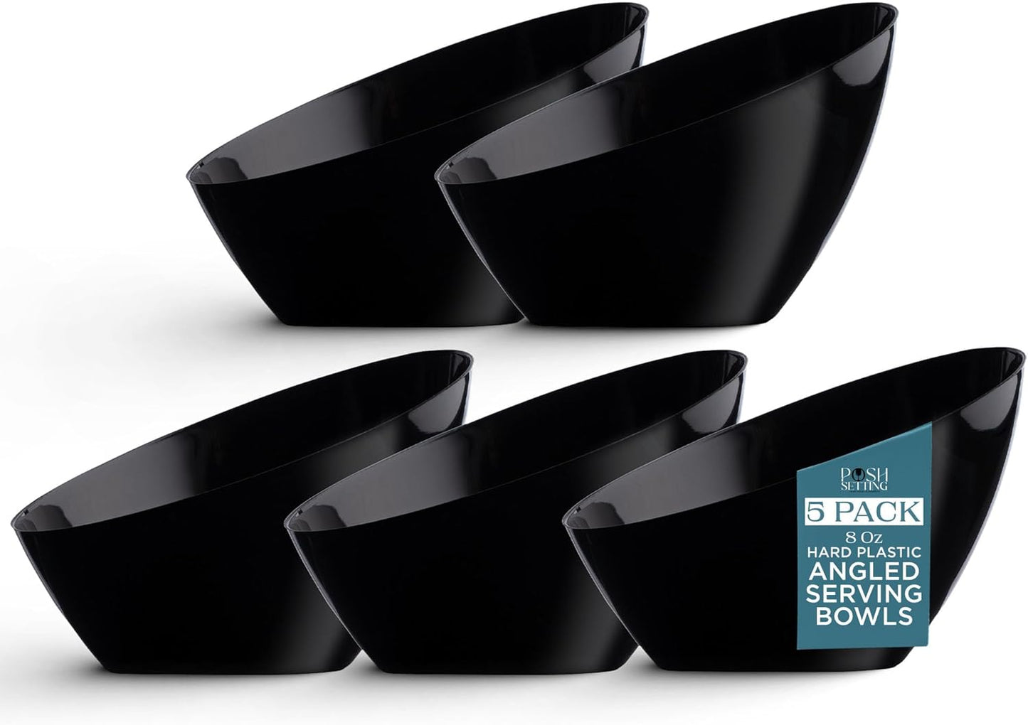 Posh Setting Crystal Clear, Disposable Premium Hard Plastic Medium Angled Bowl, Party, Salad, Snack and Fruit Bowl 5 Pack