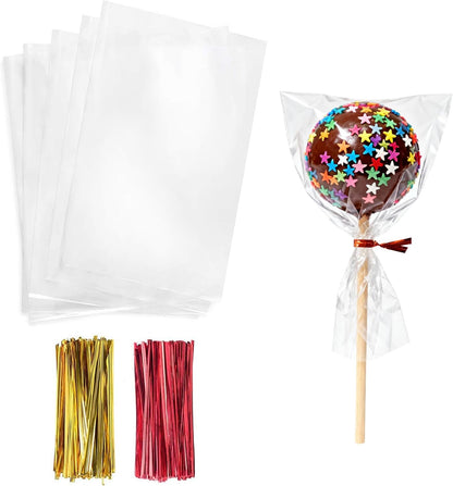 Cello Cellophane Treat Bags,5x7 Inches Clear Cellophane Bags 200 Pcs OPP Plastic Treat Bags with 200 Twist Ties for Gift Wrapping,Packaging Candies,Dessert,Bakery, Cookies, Chocolate,Party Favor