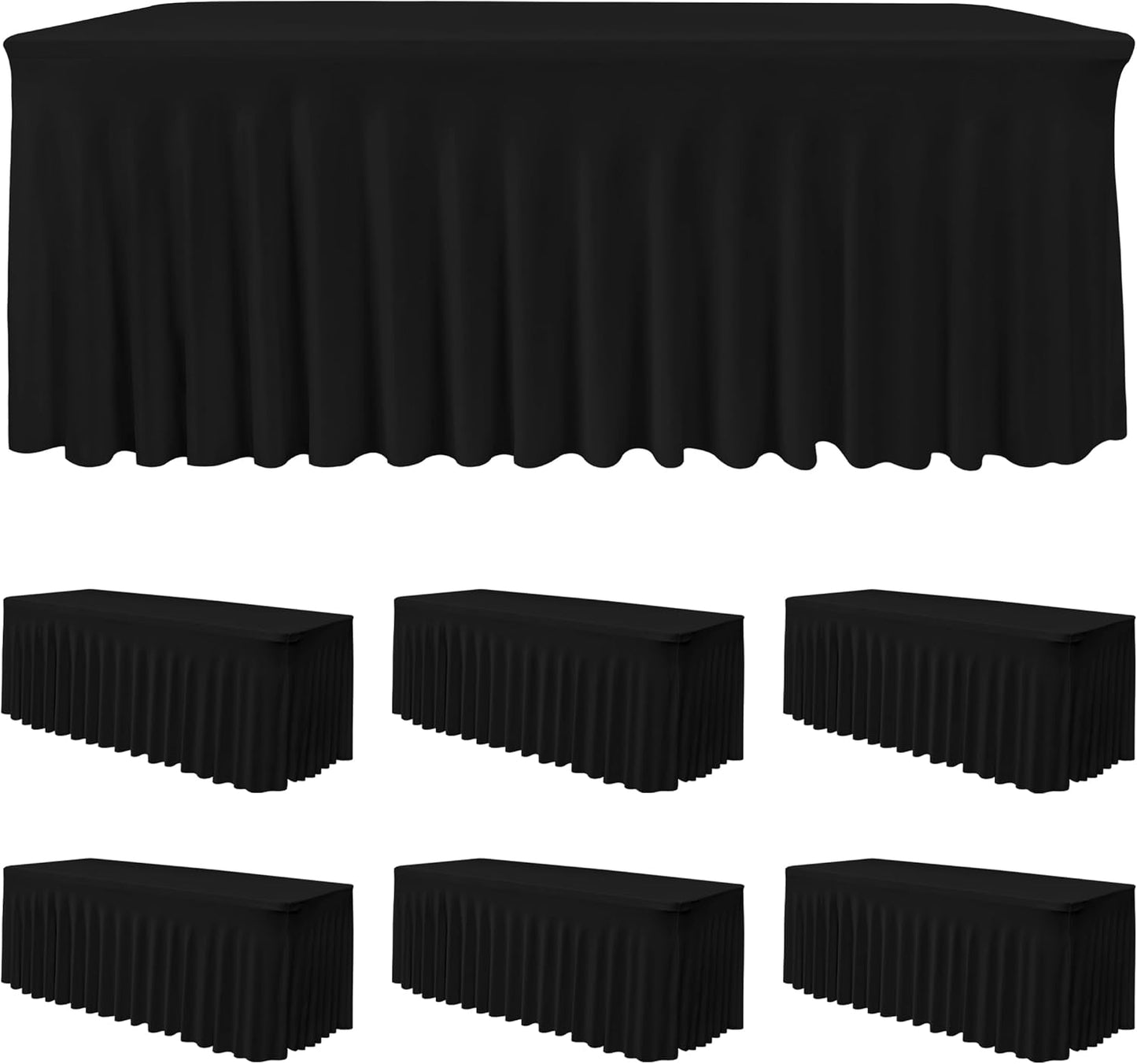 HolidayIdeas 2 Pack Spandex Table Skirt for 6 Ft Rectangle Tables, Black Fitted Stretch Tablecloth 30 x 72 Inch, Wrinkle Resistant Ruffle Design for Wedding Banquets, Trade Shows, Parties