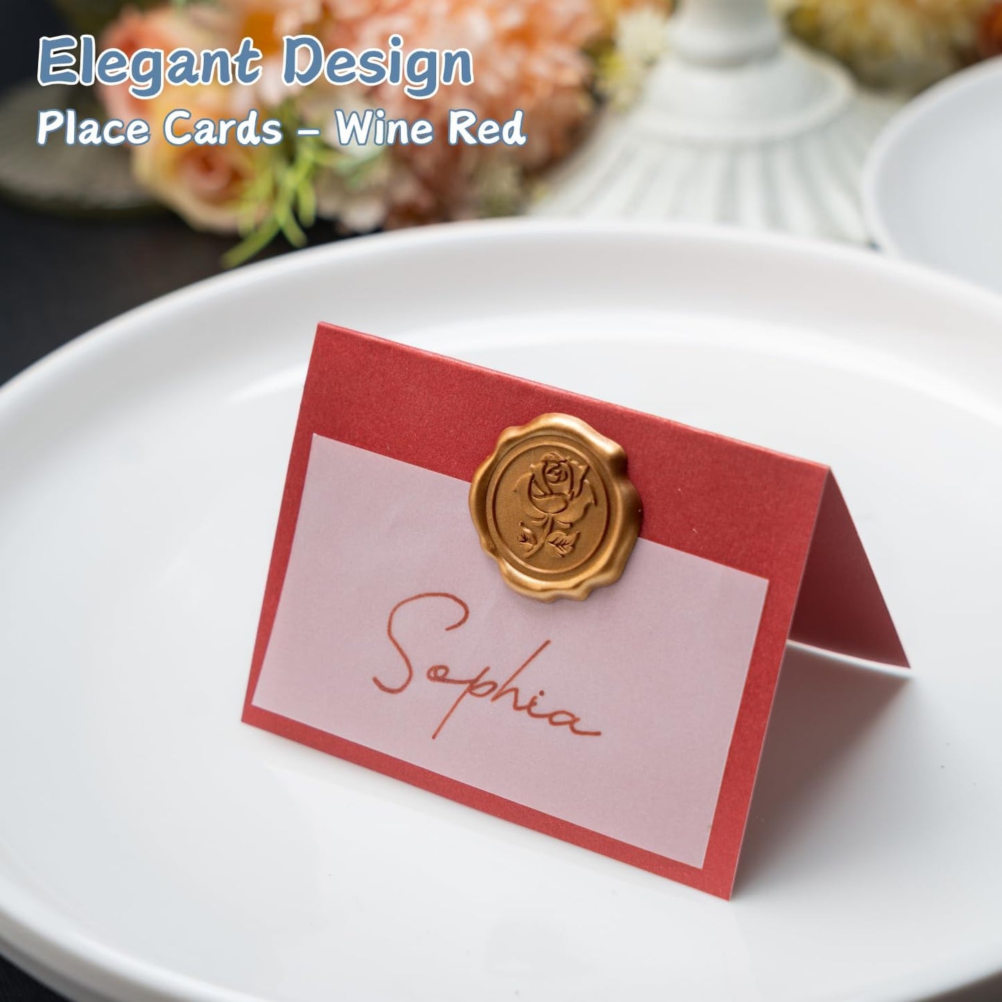 25 Pack Name Cards for Table Setting, Printable Place Cards with Antique Gold Rose Wax Seal Sticker for Wedding, Table Tent Card Stock Decor for Party, Dinner, Home(Pearlized Champagne Gold)