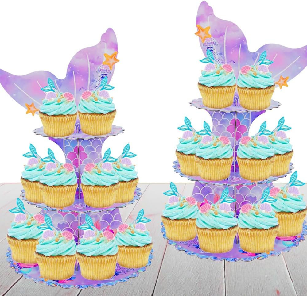 MRPAPA Pink Cardboard Cupcake Stand,2PCS Cup Cake Holder Thick Paper Dessert Tray, 3-Tier Round Serving Tray Perfect for Baby Girls Pink and Gold Birthday Baby Shower Party Supplies