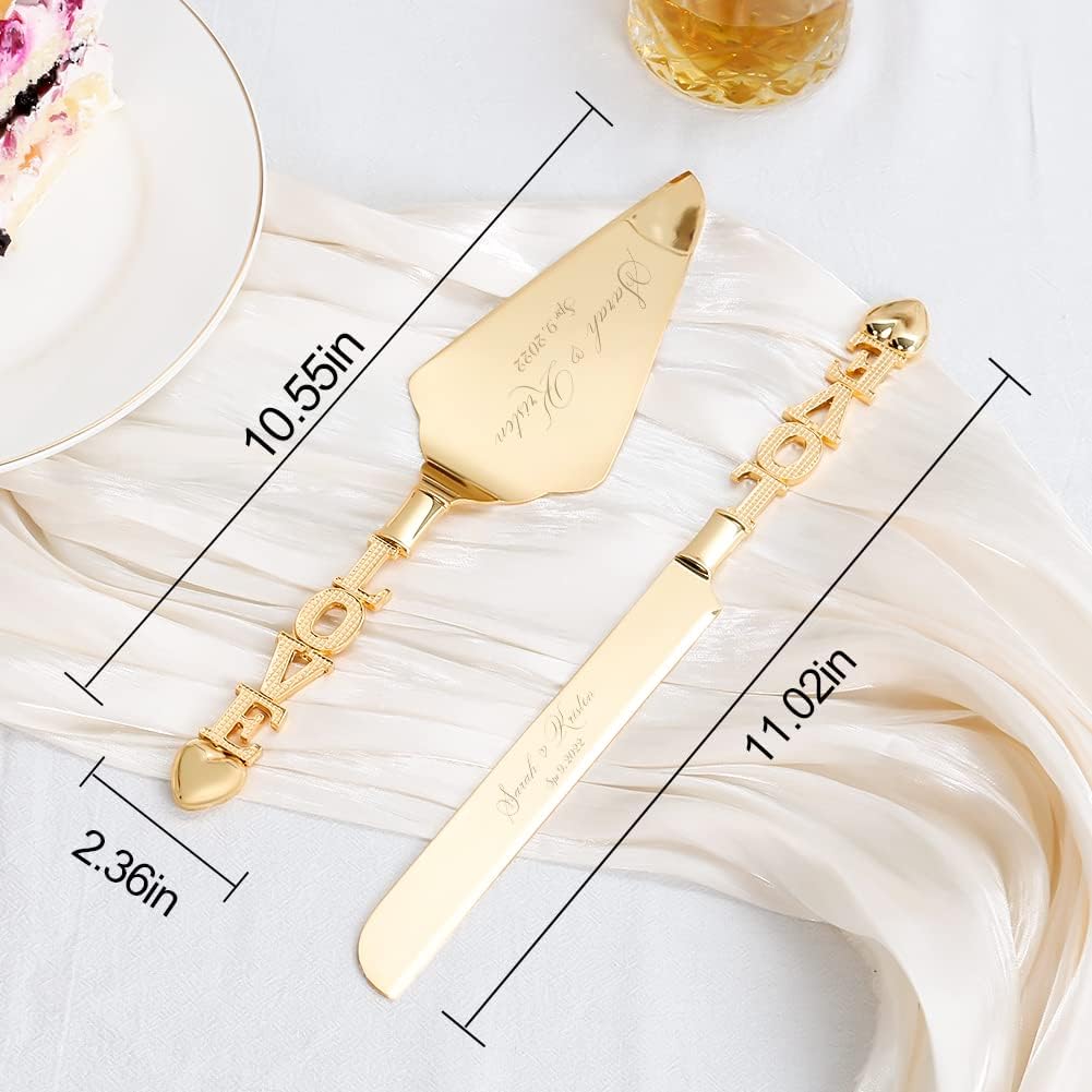 Wedding Cake Knife and Server Set, Personalized Gold Cake Cutting Set for Wedding, Engraved Classic Cake Knives Cutter Set, Pie Server, Birthday Bridal Quinceañera Gift (CUS-Flower)