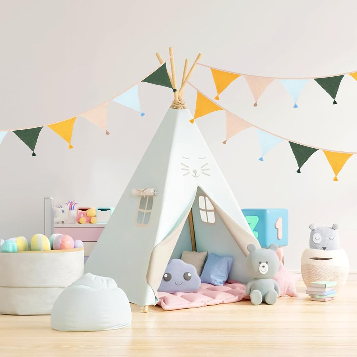 G2PLUS Cotton Fabric Bunting Banner, 9Ft Green Triangle Pennant Banner Flag, 12pcs Double-Sided Bunting Garland with Tassels for Birthday, Nursery, Baby Shower, Classroom Hanging Decor