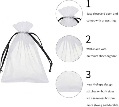 Wudygirl 100pcs 5X7 Inches White Organza Bags Christmas Drawstring Pouches Party Wedding Favor Bags Goodie bags(White 5x7)