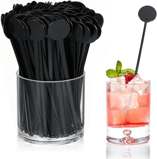 200 Pcs Cocktail Stirrers, 7.3 Inches Black Drink Stirrers Disposable Swizzle Sticks for Drinks Plastic Disc Top Mixing Rod for Coffee Milk Whiskey Beverage Bar