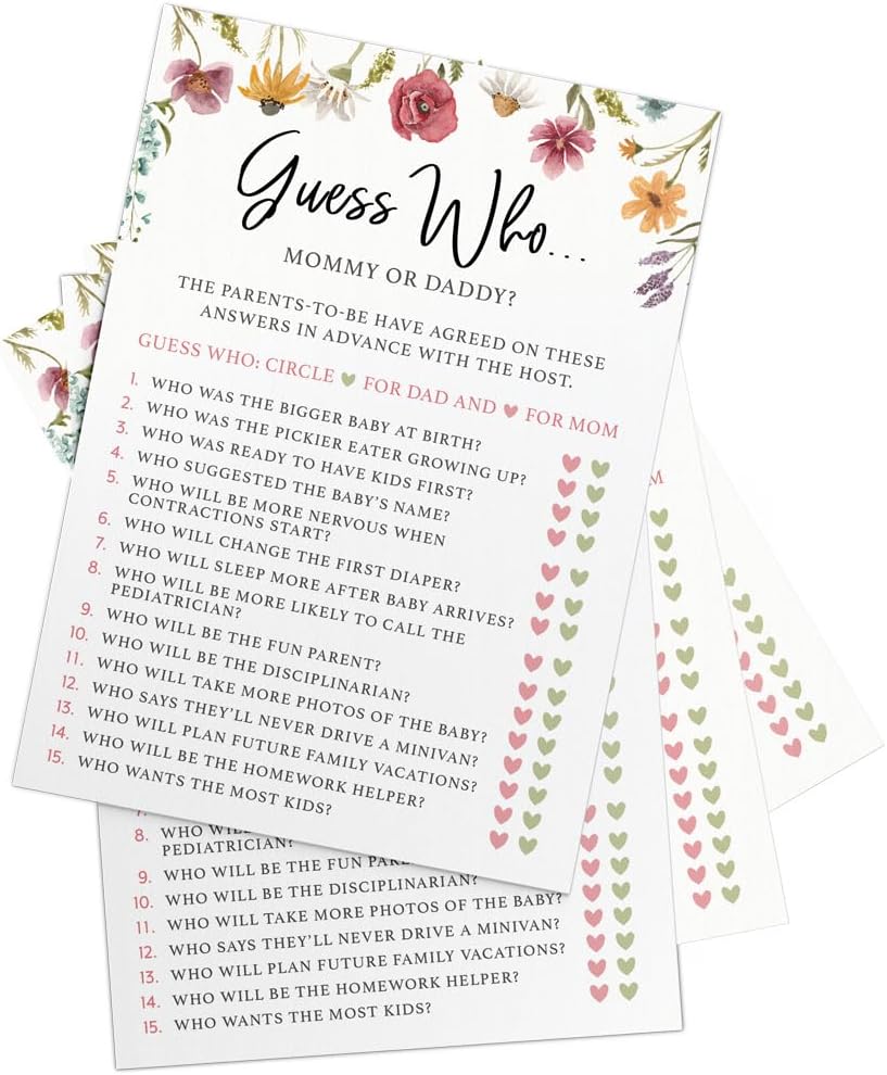 Printed Party Baby Shower Games for Girl – 4 Games and Activities for 30 Guests, Includes Bingo, Price is Right, Mommy or Daddy Trivia, and Storybook Title Guessing, Wildflower Baby in Bloom Design