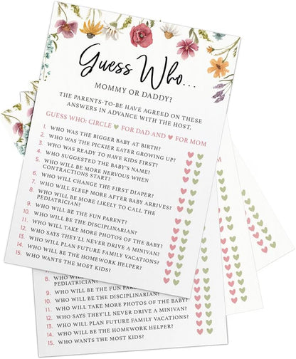 Printed Party Baby Shower Games for Girl – 4 Games and Activities for 30 Guests, Includes Bingo, Price is Right, Mommy or Daddy Trivia, and Storybook Title Guessing, Wildflower Baby in Bloom Design