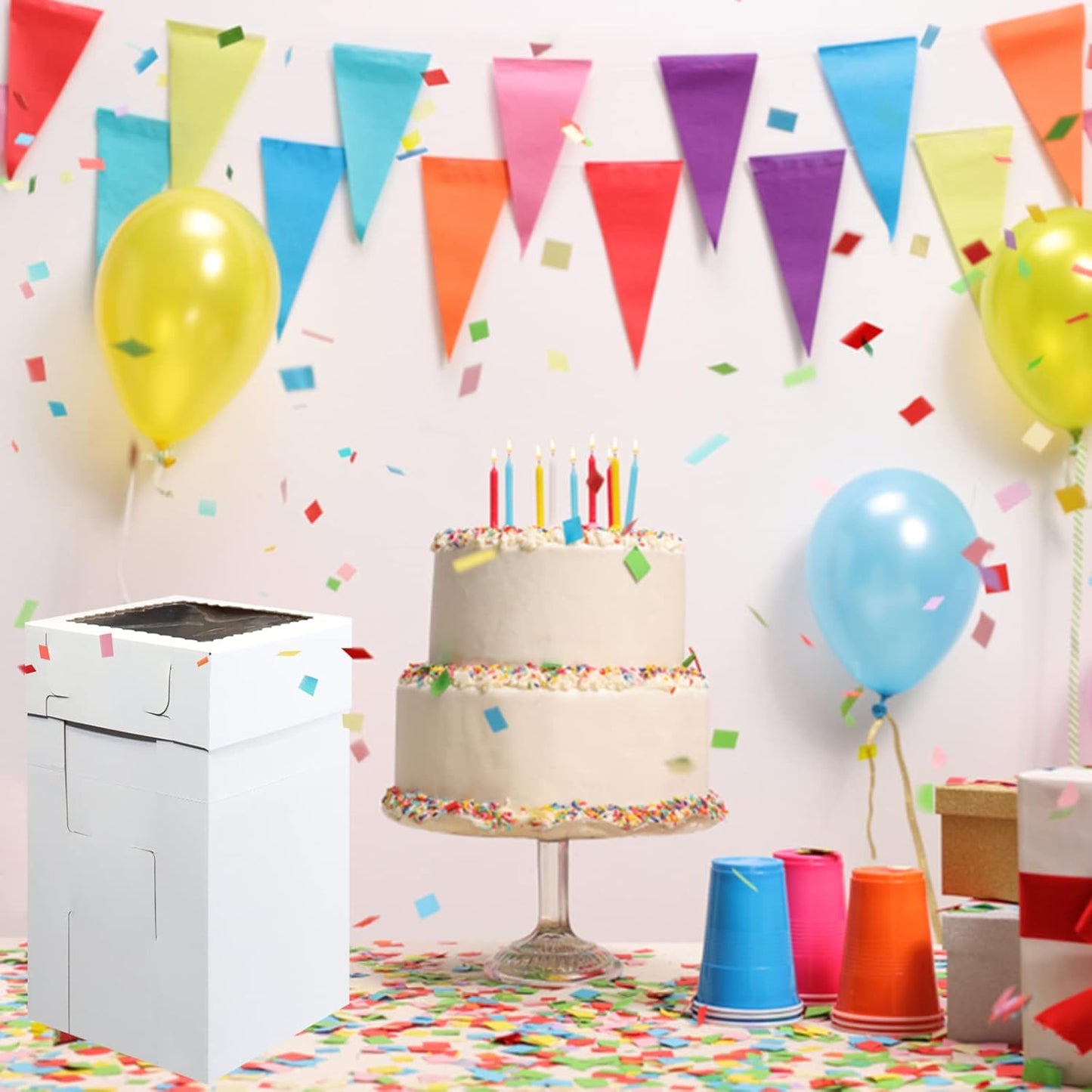 10 PK Adjustable Tall Cake Boxes in 2 Base Sizes 5-10"x10" & 5-12"x12" With 3 Adjustable Height Variations (8, 10 & 12 inch) + 15 Thank You Stickers. Tall Bakery Boxes for Tiered Cakes