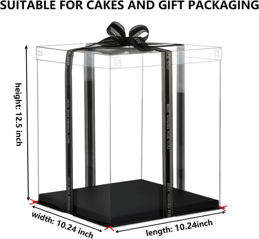 10x10x12 Inch Clear Cake Box 8Pcs - Tall Transport Container, Carrier, Treat Box, Gift Box, Display Case - Black
