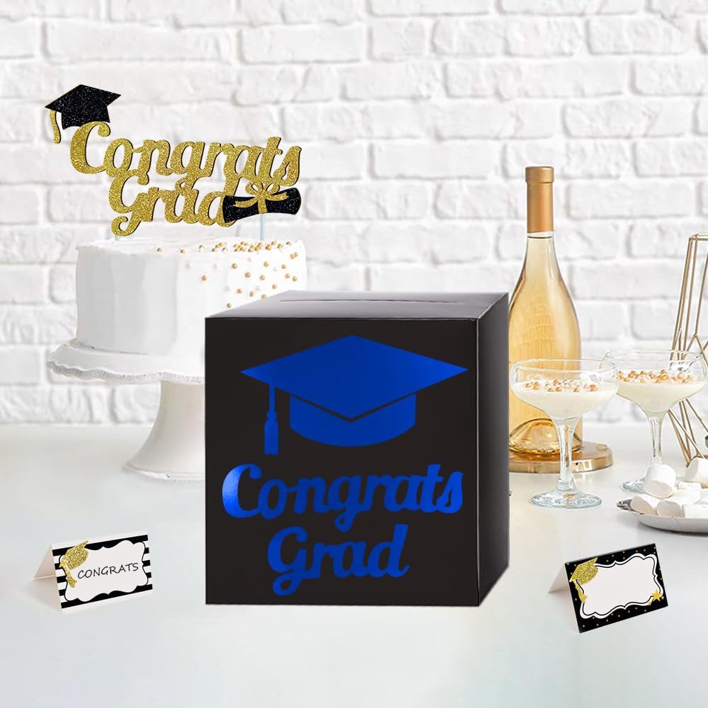 Graduation Card Box Holder, Congrats Grad Foldable Cardboard Decorations Box for Graduation Party Decoration and Grad Parties (Black)