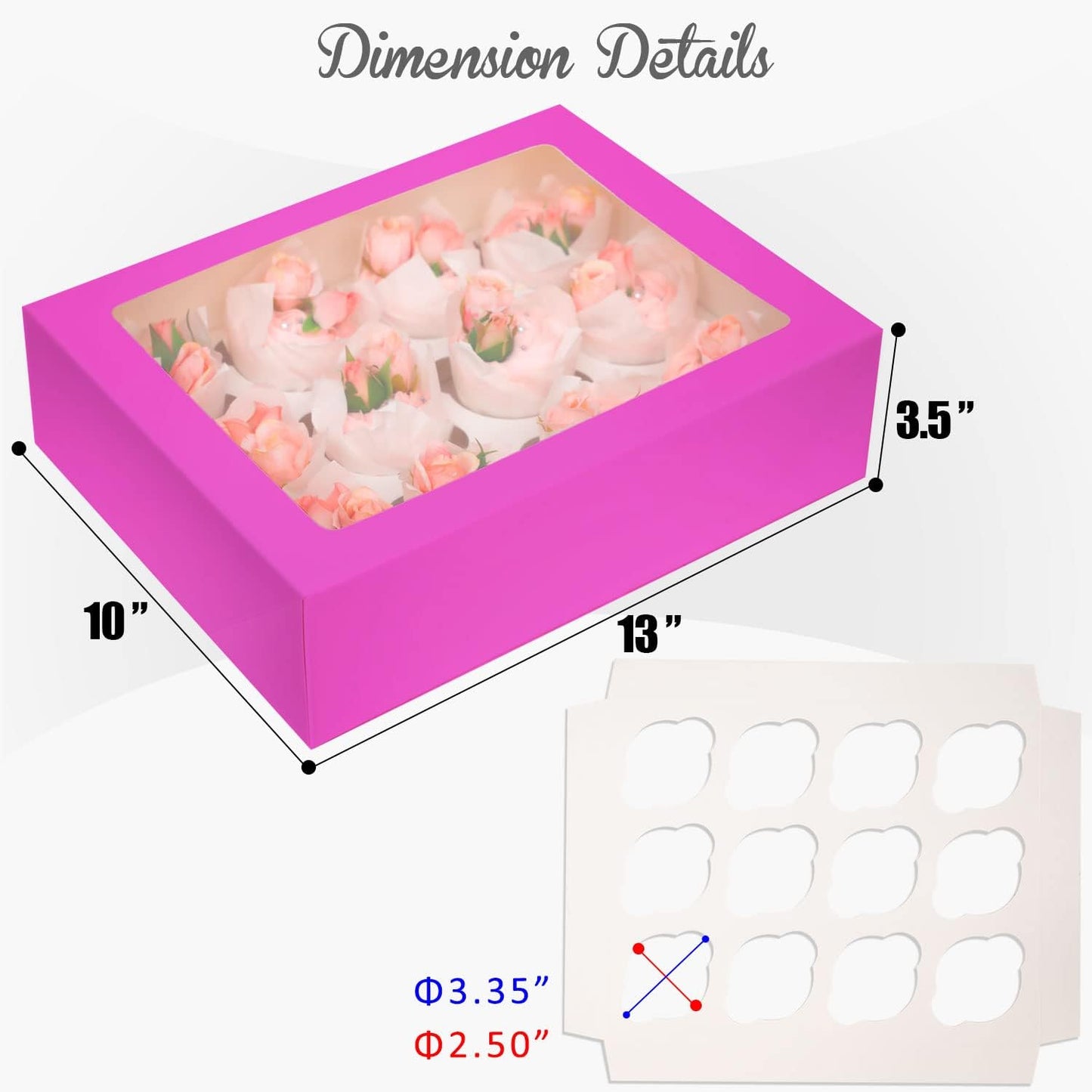 Bakepacker Auto-pop Up Cupcake Boxes with Window White 20PCS 12 Count Cupcake Box 13"x10"x3.5" Cupcakes Carrier, 12 Cupcake Containers with rolls of pink ribbons