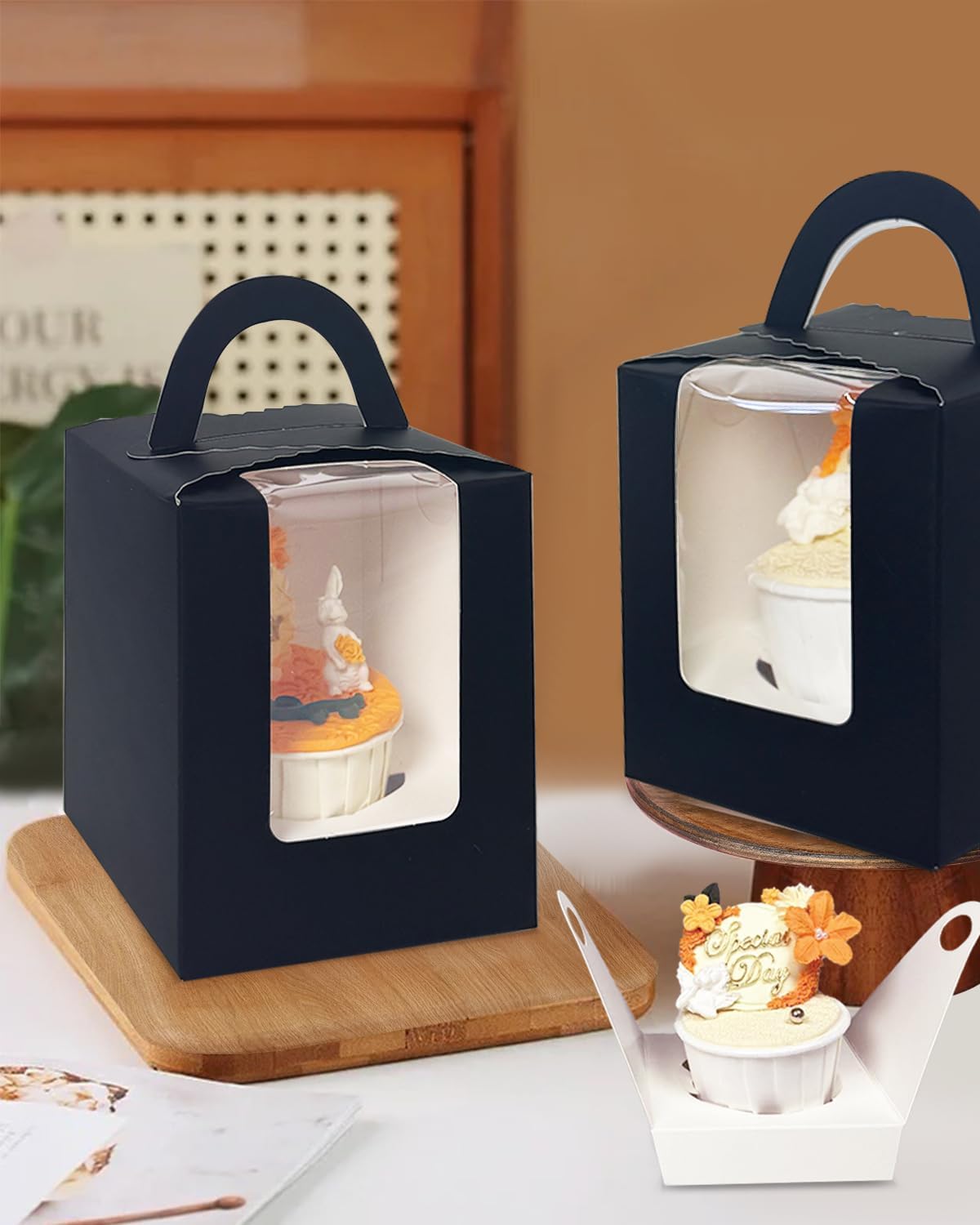 Bakepacker Auto-pop up Individual Cupcake Boxes with Window 60 Count Brown Single Cupcakes Box 3.7 x 3.7 x 4.3inch Cupcake Carrier