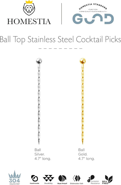 Homestia Stainless Steel Cocktail Picks, 4.7 Inch Reusable Martini Olive Picks, Metal Garnish Skewers for Drinks, Appetizers, Bloody Mary - Set of 6 Metal Cocktail Picks for Party Bar
