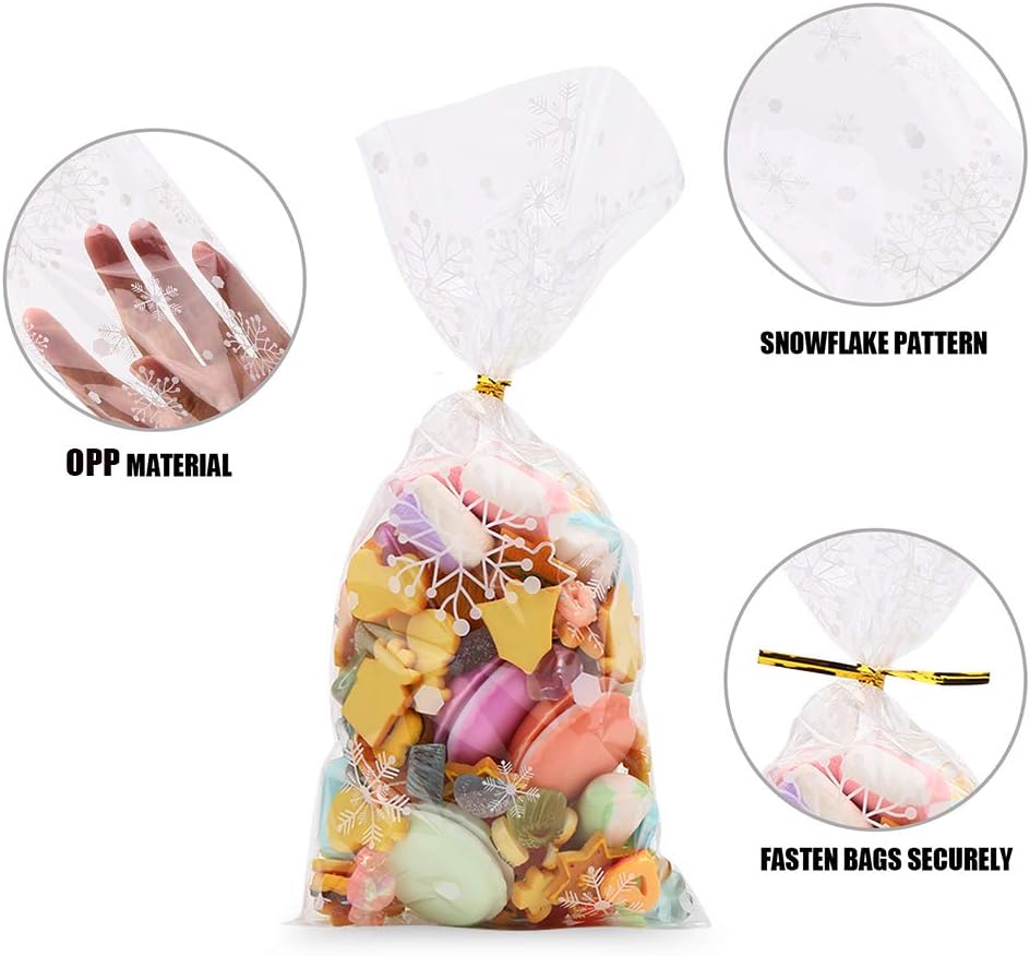 CCINEE 150 Pcs Cellophane Treat Bags, 5 X 11 Inches Gold Star Print Clear Gift Wrap Candy Bags Goodie Bags with Twist Ties for Wedding, Birthday Party Favors, Bakery, and Gift Packaging