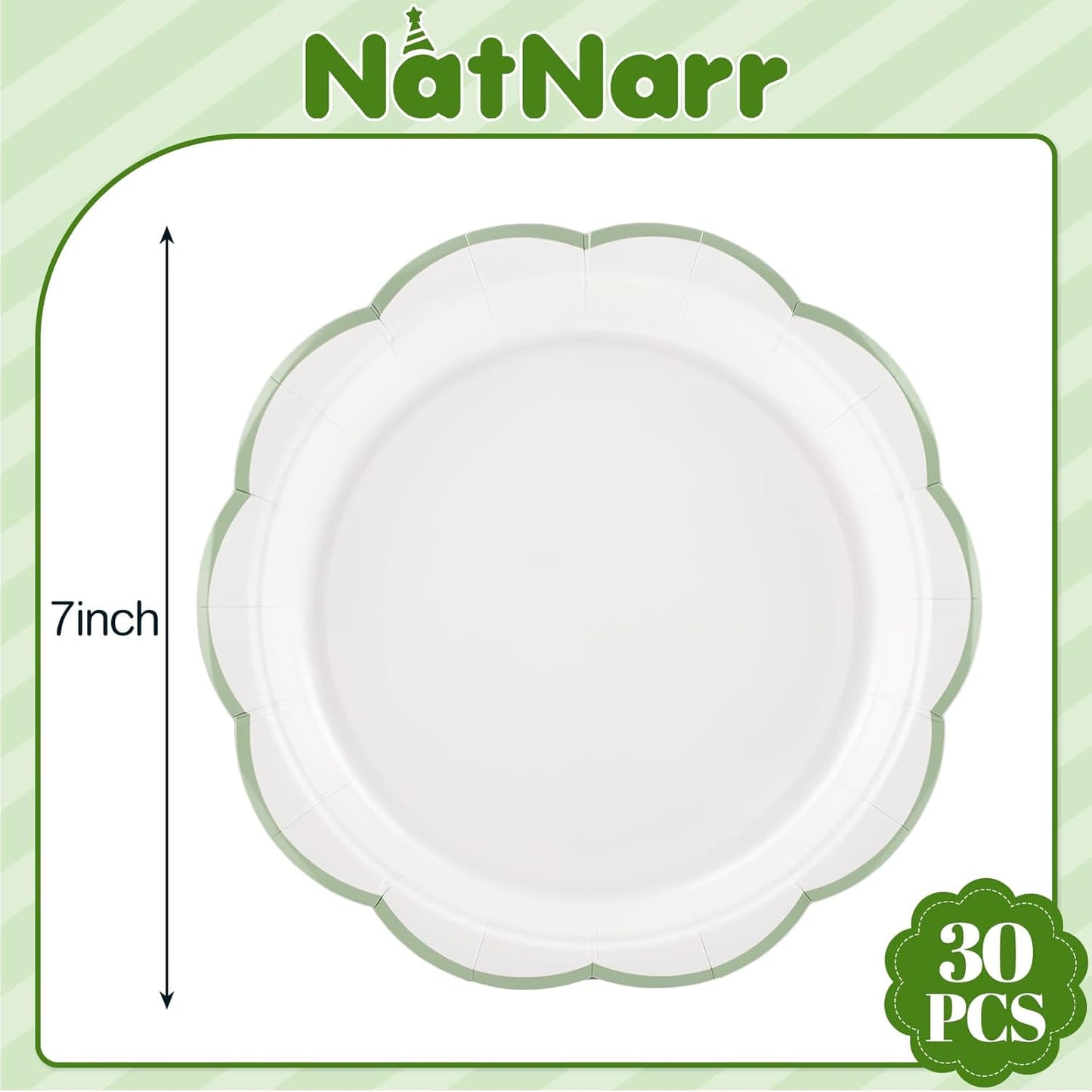 NatNarr 30 Pcs Sage Green Paper Plates, 7 Inch Scalloped Paper Plates Small Dessert Cake Plate Cute Party Plate Disposable Sage Greens Party Supplies for Wedding, Baby Bridal Shower, Birthday