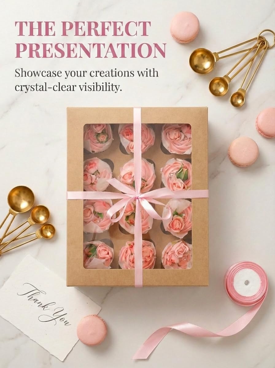 qiqee Auto-pop Up Cupcake Boxes with Window White 40PCS 12 Count Cupcake Box 13"x10"x3.5" Cupcakes Carrier, 12 Cupcake Containers with 2 rolls of pink ribbons