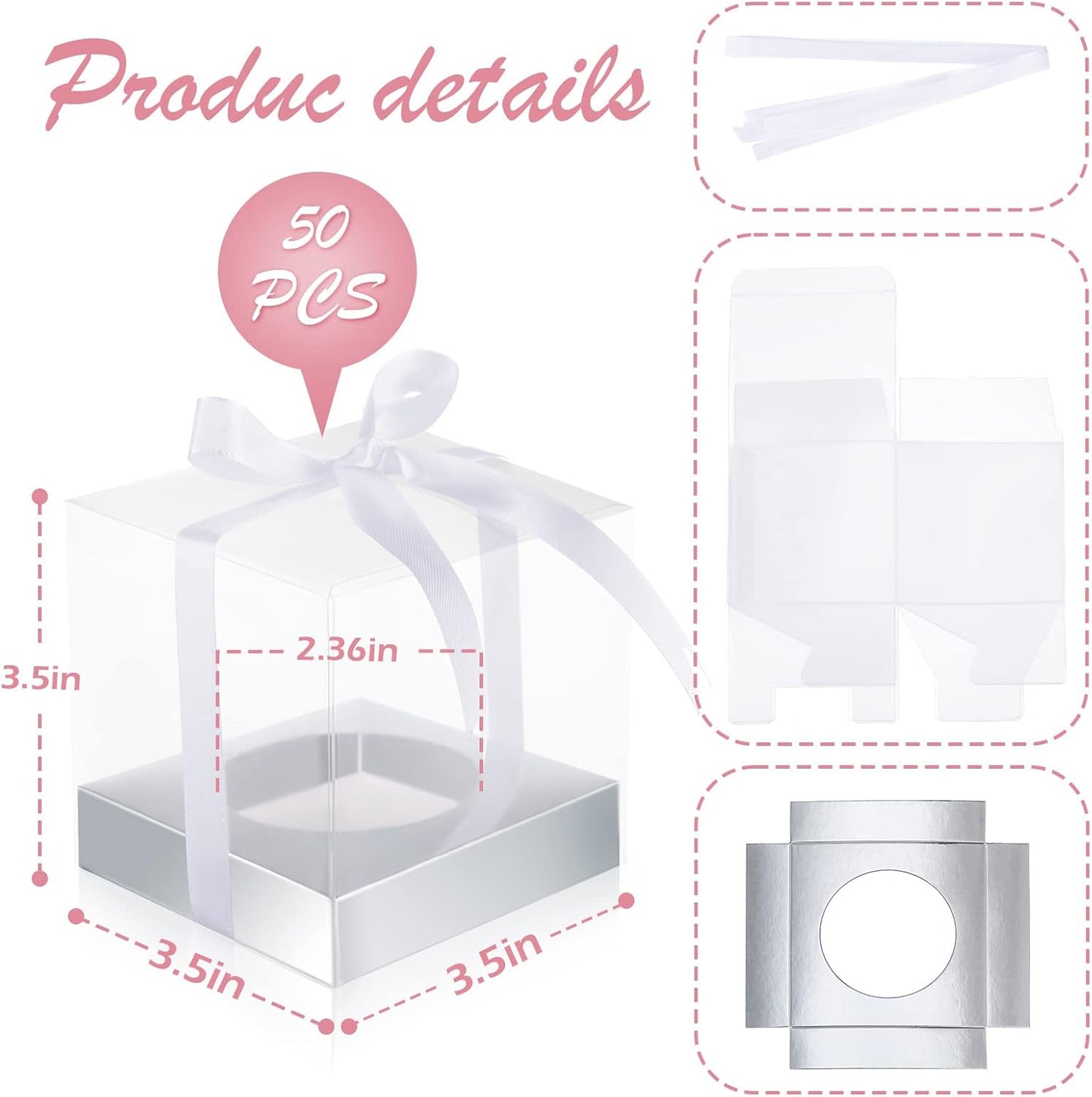 Thenshop 50 Pcs Clear Cupcake Boxes Individual 3.5 Inch Plastic Single Cupcake Containers Boxes with Inserts and Ribbon Individual Cake Storage Holders for Cake Kitchen(Dark Blue)