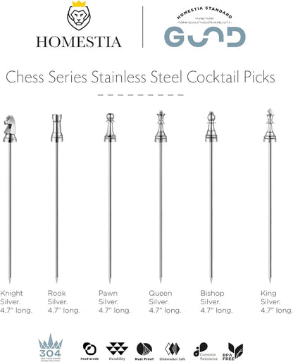 Homestia Stainless Steel Cocktail Picks, 4.7 Inch Reusable Martini Olive Picks, Metal Garnish Skewers for Drinks, Appetizers, Bloody Mary - Set of 6 Metal Cocktail Picks for Party Bar