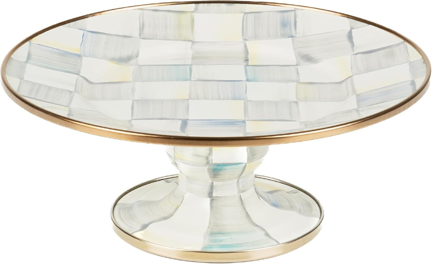 MACKENZIE-CHILDS Enamel Pedestal Platter, Round Cake Stand, Large, Black-and-White Courtly Check