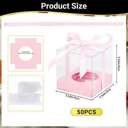 EUSOAR Individual Cupcake Holder, 50pcs 3.5 Inch Plastic Black Cupcake Containers with Lids, Single Transparent Display Clear Cupcake Carrier with Ribbon and Inserts for Wedding Party Favor