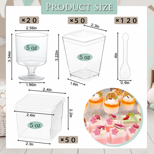 340 Pack Plastic Mini Dessert Cups with Lids and Spoons,5oz Clear Yogurt Parfait Cups,Appetizer Cups for Party,Reusable Square and Round Goblet -Shooter Cups for Ice Cream Fruit Cake Pudding Cups