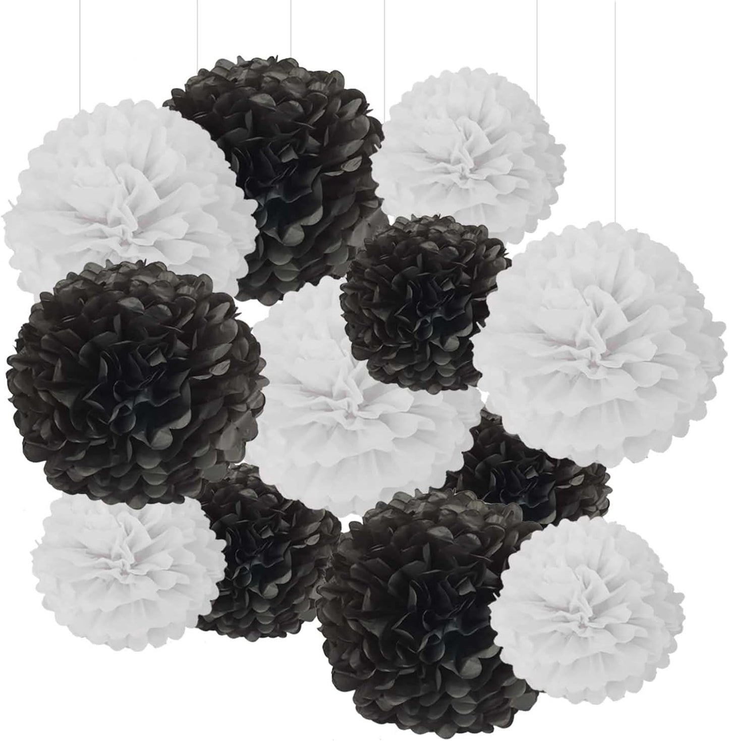 Black and White Tissue Paper Pom Poms Hanging Tissue Flowers Poms Decorations Pack of 12 for Wedding, Birthday,Party Backdrop Decor ect. (12", 10",Tissue Paper Flowers)