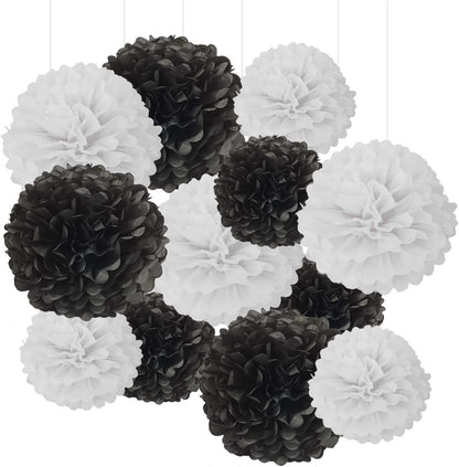 Black and White Tissue Paper Pom Poms Hanging Tissue Flowers Poms Decorations Pack of 12 for Wedding, Birthday,Party Backdrop Decor ect. (12", 10",Tissue Paper Flowers)