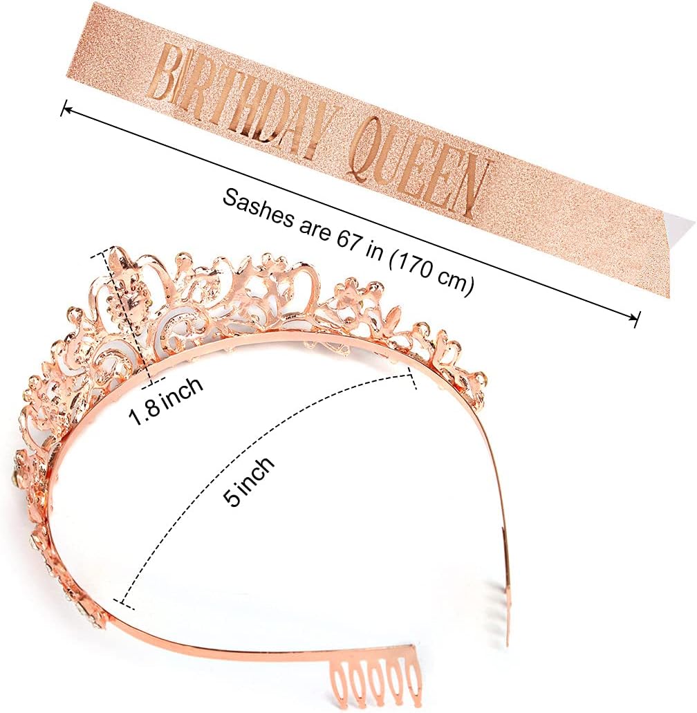 COCIDE Birthday Queen Sash & Rhinestone Tiara Set Gold Happy Birthday Crowns for Women Party Decoration Kit Rhinestone Headband for Women Glitter Crystal Hair Accessories for Cake Topper