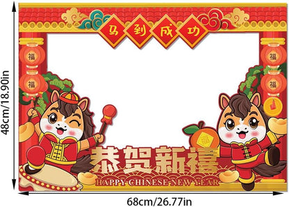 KYMY 2026 Chinese New Year Photo Booth Props Kit, 1 Selfie Frame & 24 Photo Booth Props, Zodiac Horse Year Spring Festival Festive Selfie Accessories for Asian Lunar New Year Party Favors